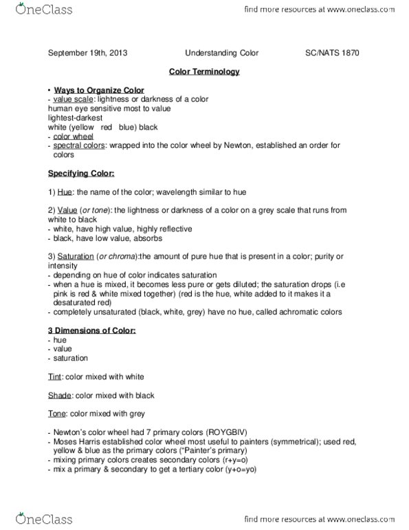 NATS 1870 Lecture Notes - Lecture 11: Additive Color, Tertiary Color, Ryb Color Model thumbnail