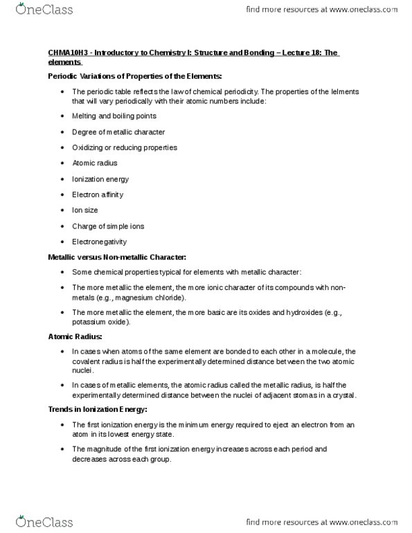 CHMA10H3 Lecture Notes - Lecture 18: Covalent Radius, Electron Affinity, Atomic Radius thumbnail