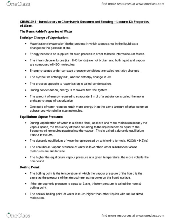 CHMA10H3 Lecture Notes - Lecture 13: Vapor Pressure, Intermolecular Force, Enthalpy thumbnail