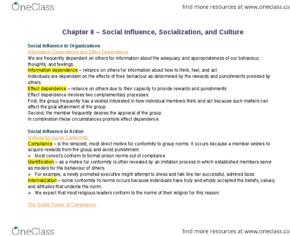 COMMERCE 1BA3 Chapter Notes - Chapter 8: Social Influence, Psychological Contract, Ob River thumbnail