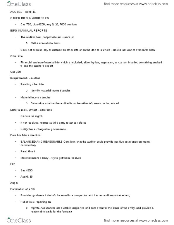 ACC 821 Lecture Notes - Lecture 10: Audit, Pro Forma, Due Diligence thumbnail