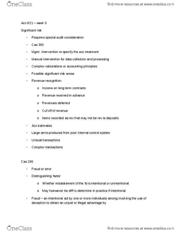 ACC 821 Lecture Notes - Lecture 5: Audit Risk, Revenue Recognition, Internal Control thumbnail