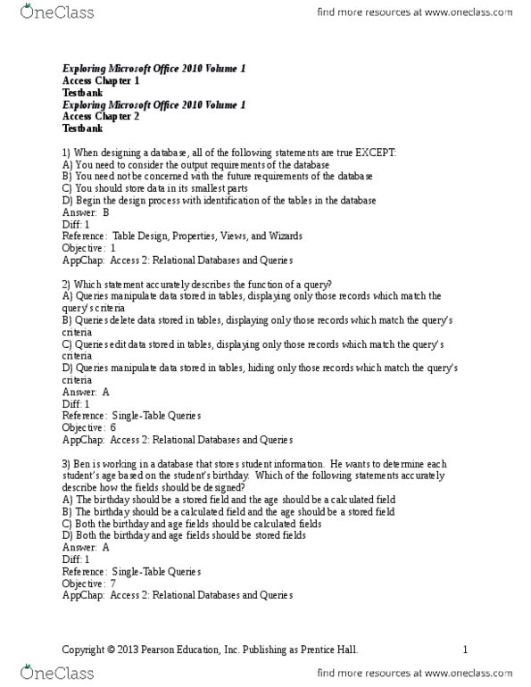 BTM 200 Study Guide Quiz Guide Microsoft Office 2010 Pearson Education Database Design