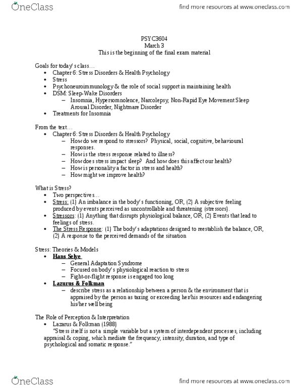 PSYC 3604 Lecture Notes - Lecture 6: Hypersomnia, Narcolepsy, Insomnia thumbnail