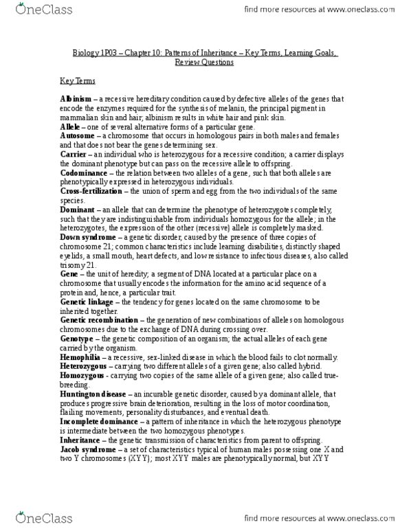 BIOLOGY 1P03 Chapter Notes - Chapter 10: Down Syndrome, Xyy Syndrome, Triple X Syndrome thumbnail