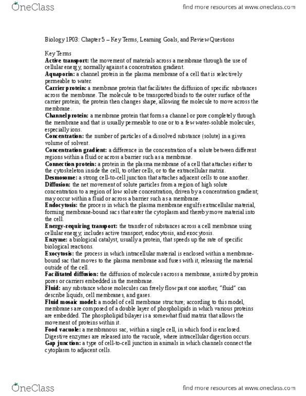 BIOLOGY 1P03 Chapter Notes -Fluid Mosaic Model, Lipid Bilayer, Cell Membrane thumbnail