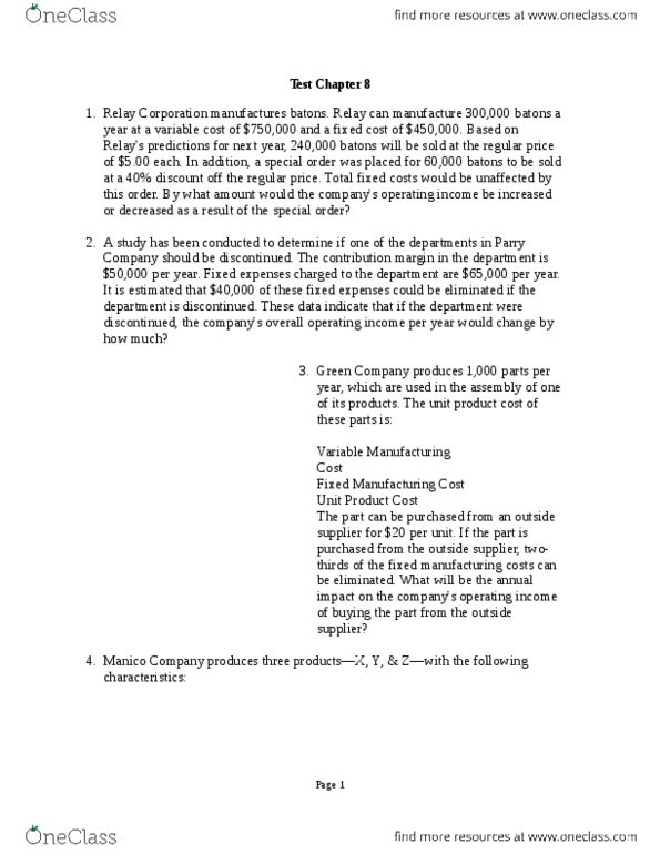 BADM*2030 Chapter Notes - Chapter 8: Fixed Cost, Contribution Margin, Variable Cost thumbnail