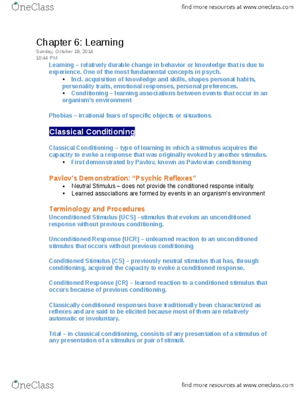 PSY100Y5 Chapter Notes - Chapter 6: Classical Conditioning, Operant Conditioning Chamber, Observational Learning thumbnail