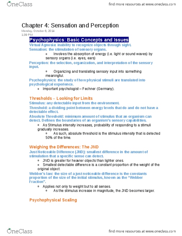 PSY100Y5 Chapter Notes - Chapter 4: Detection Theory, Absolute Threshold, Neural Adaptation thumbnail