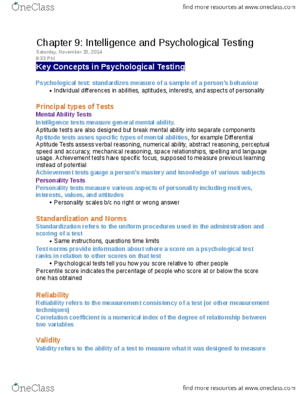 PSY100Y5 Chapter Notes - Chapter 9: Psychological Testing, Content Validity, Personality Test thumbnail