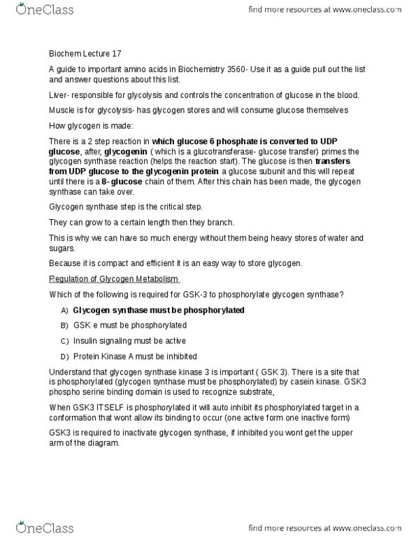 BIOC 3560 Lecture Notes - Lecture 17: Glycogen Synthase, Glycogenin, Glycogen thumbnail