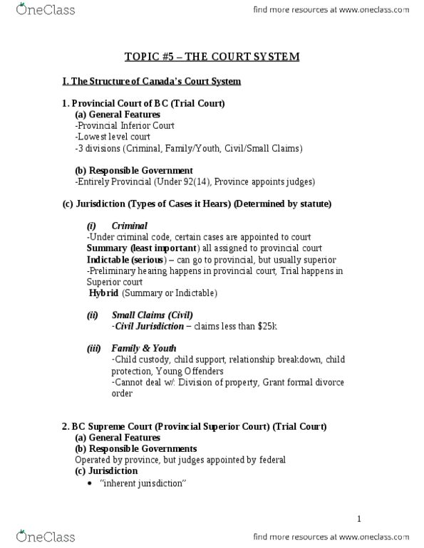 CRIM 135 Lecture Notes - Lecture 6: Provincial Superior, Child Custody, Superior Court thumbnail