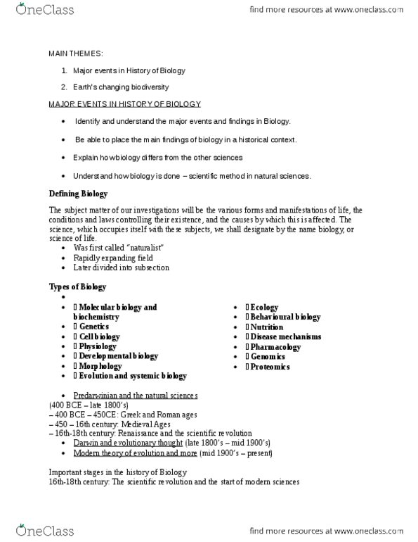 BIO 1130 Lecture Notes - Lecture 1: Theophrastus, Cladistics, Wiping thumbnail