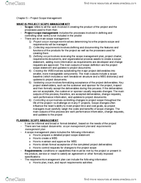 ITM 750 Chapter Notes - Chapter 5: Project Plan, Requirements Management, Project Charter thumbnail