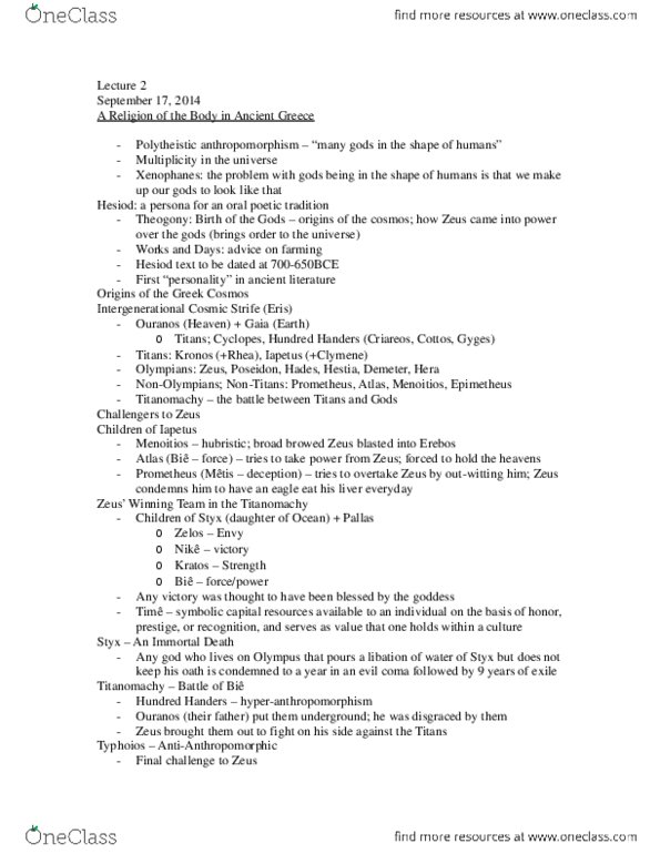 Classical Studies 2300 Lecture Notes - Lecture 2: Xenophanes, Polykleitos, Riace thumbnail