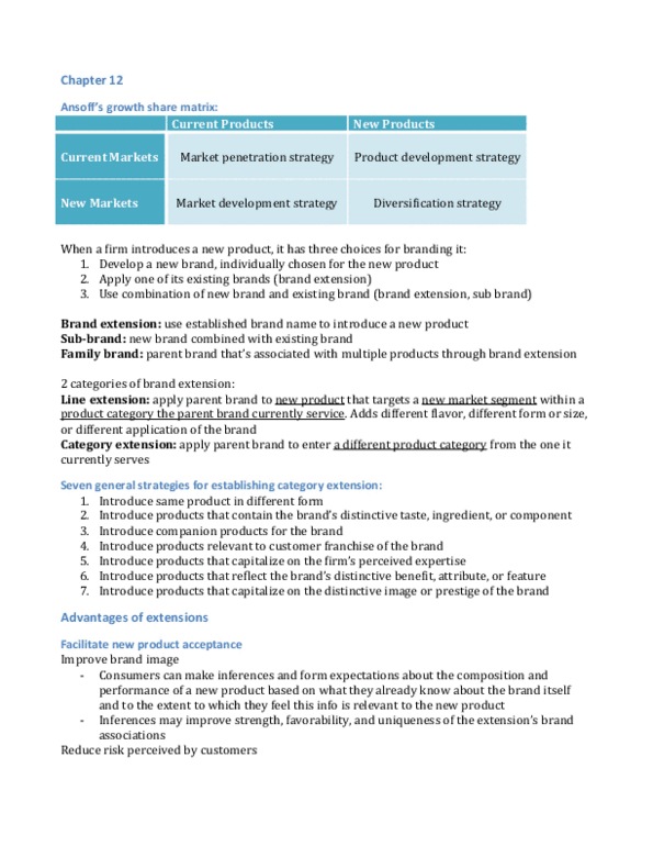 MGMC11H3 Chapter 12: Ansoff's growth share matrix, brand extensions, 9 reasons for product failure thumbnail