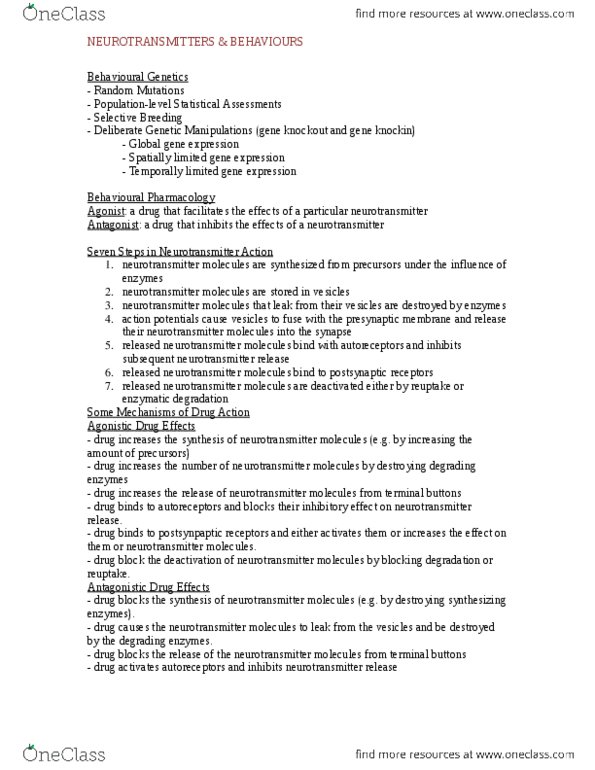 PSYC 2410 Lecture Notes - Lecture 8: Axon Terminal, Autoreceptor, Reuptake thumbnail