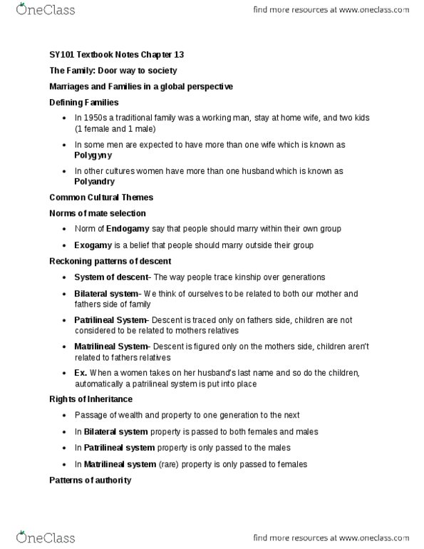 SY101 Chapter Notes - Chapter 13: Patrilineality, Exogamy, Endogamy thumbnail