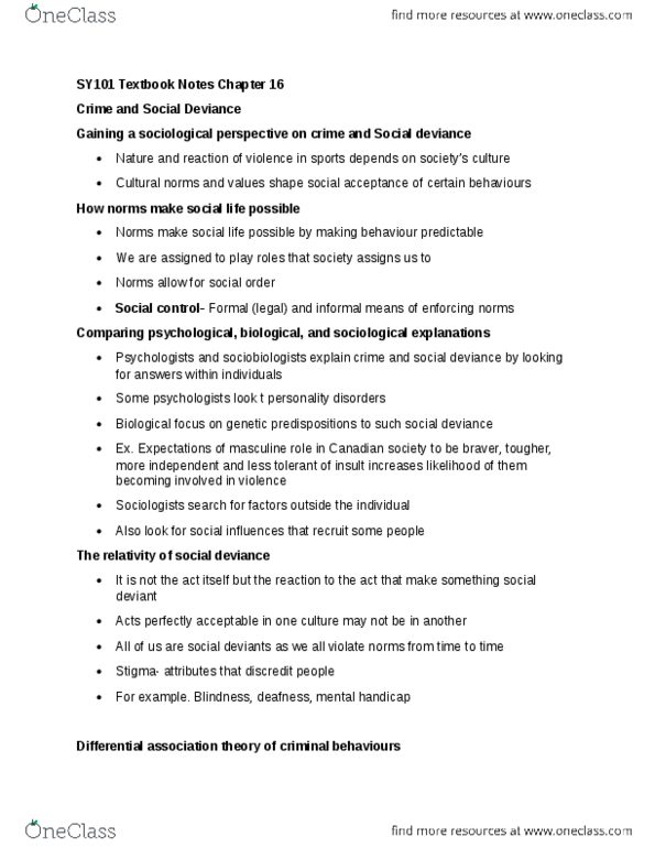 SY101 Chapter Notes - Chapter 16: Differential Association, Ritualism In The Church Of England, Labeling Theory thumbnail