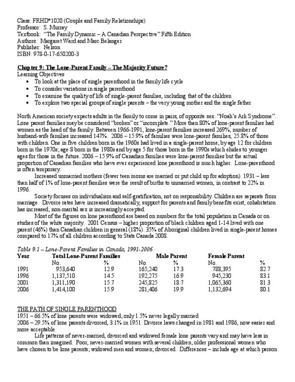 FRHD 1020 Chapter 9: Textbook - Chapter 9 (The Lone-Parent Family) thumbnail