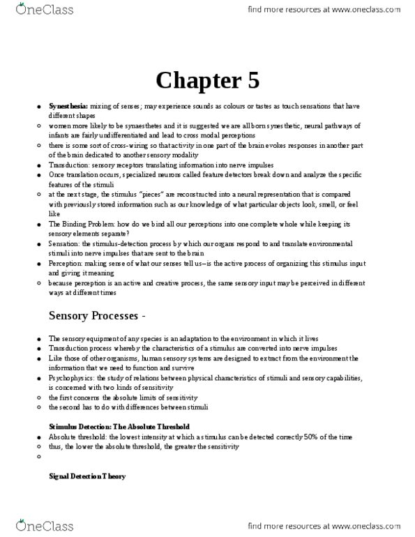 Psychology 1000 Chapter Notes - Chapter 5: Taste, Olfactory Bulb, Binocular Disparity thumbnail