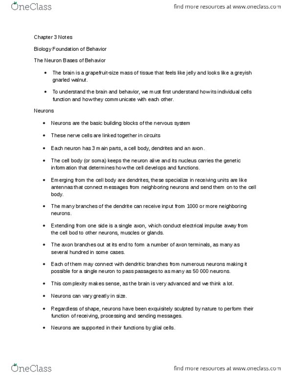 Psychology 1000 Chapter Notes - Chapter 3: The Molecules, Volt, Reuptake thumbnail