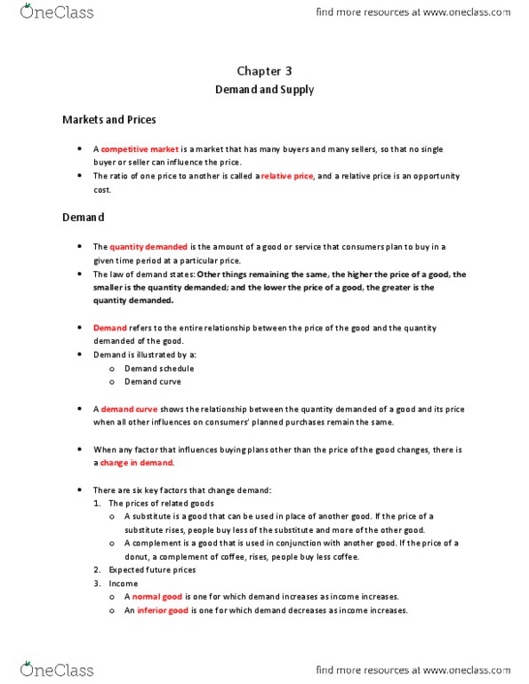 Economics 1021A/B Chapter Notes - Chapter 3: The Surplus, Economic Equilibrium, Demand Curve thumbnail