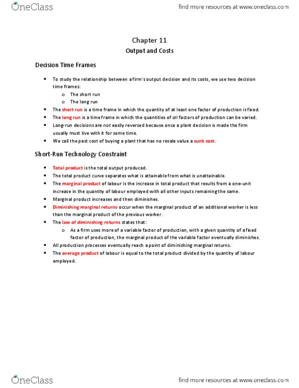 Economics 1021A/B Chapter Notes - Chapter 11: Production Function, 4, Average Cost thumbnail
