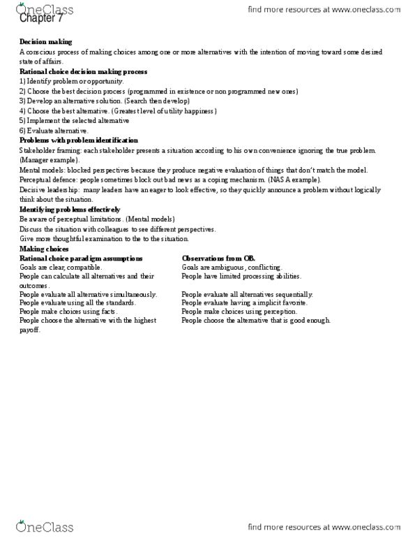 BUS 272 Chapter Notes - Chapter 7: Scenario Planning, Prospect Theory, Decision-Making thumbnail