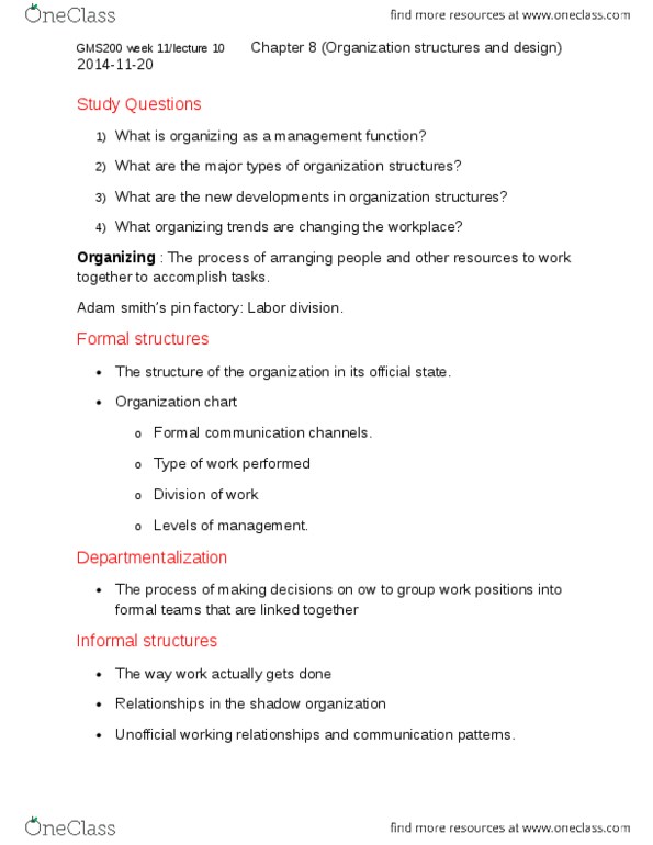 GMS 200 Lecture Notes - Lecture 11: Departmentalization, Jack Welch, Social Network thumbnail