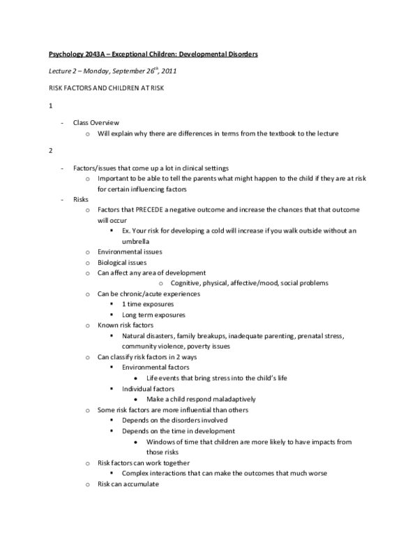 Psychology 2043A/B Lecture : Developmental Disorders - Lecture 2 thumbnail