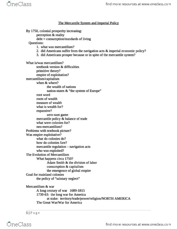HIS 263 Study Guide Spring 2014, Final Mercantilism, Salutary Neglect, Navigation Acts