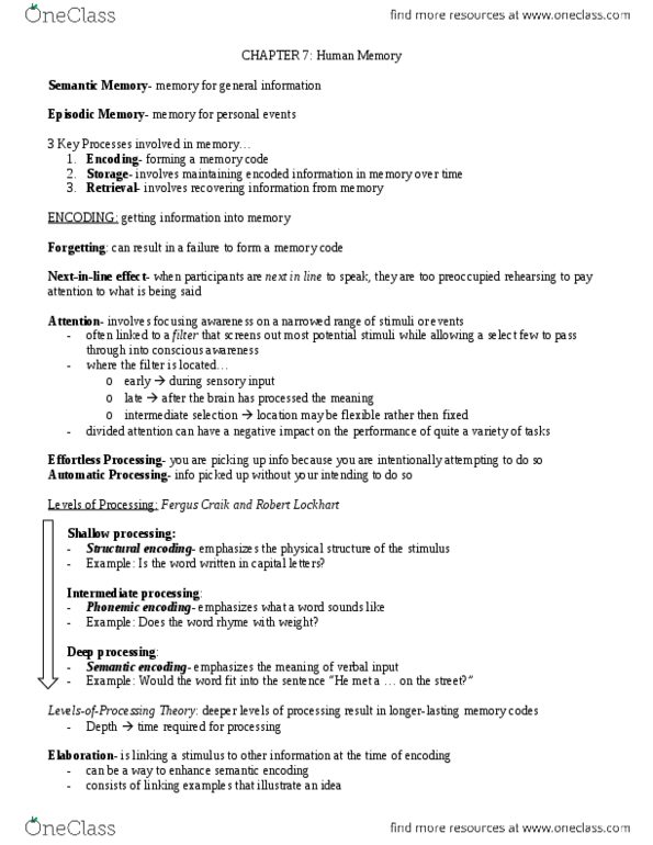 PSYC 1010 Chapter Notes - Chapter 7: Fergus I. M. Craik, Sensory Memory, Biological Neural Network thumbnail