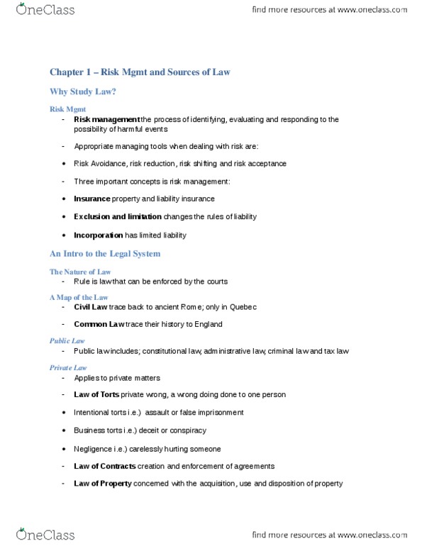 LAW 122 Chapter Notes -Liability Insurance, Risk Management, False Imprisonment thumbnail