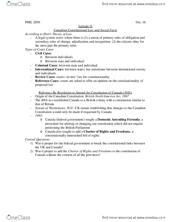 PHIL 2050 Lecture 11: Lecture 11-Canadian Constitutional Law and Social Facts.docx thumbnail