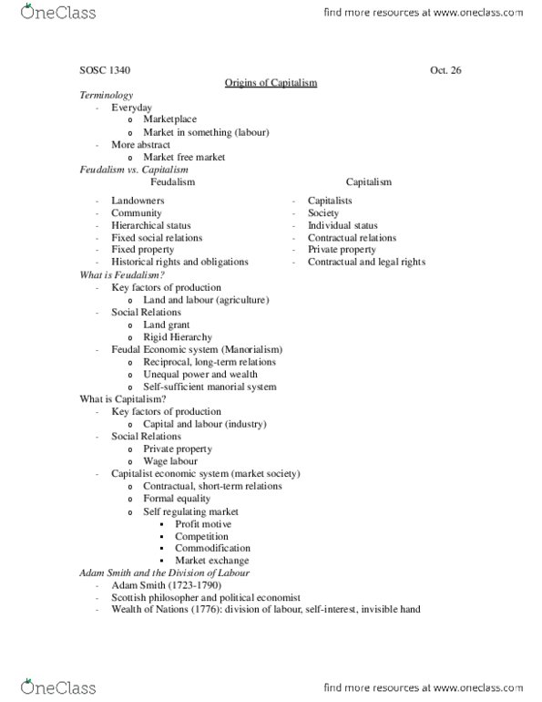 SOSC 1340 Lecture Notes - Lecture 6: Manorialism, Commodification, Feudalism thumbnail