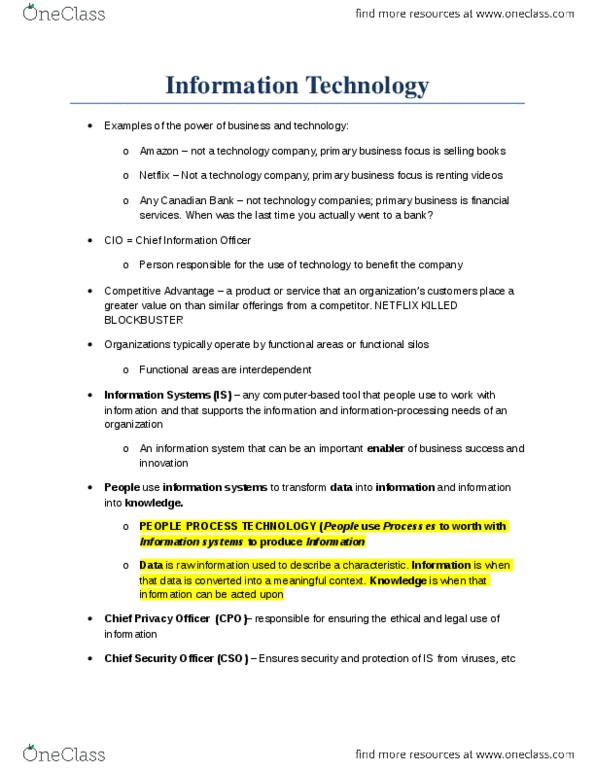 ITM 102 Chapter Notes - Chapter 1: Netflix, Information System, Chief Information Officer thumbnail