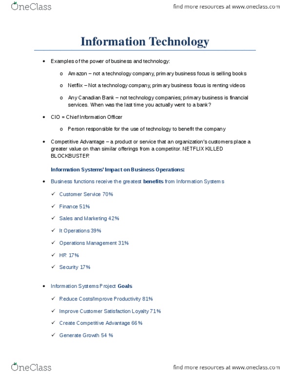 ITM 102 Chapter Notes - Chapter 1: Information System, Management Information System, Operations Management thumbnail