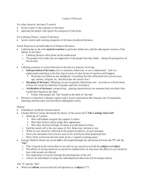 Sociology 2259 Lecture Notes - Lecture 10: Labeling Theory, Symbolic Interactionism, Social Control thumbnail