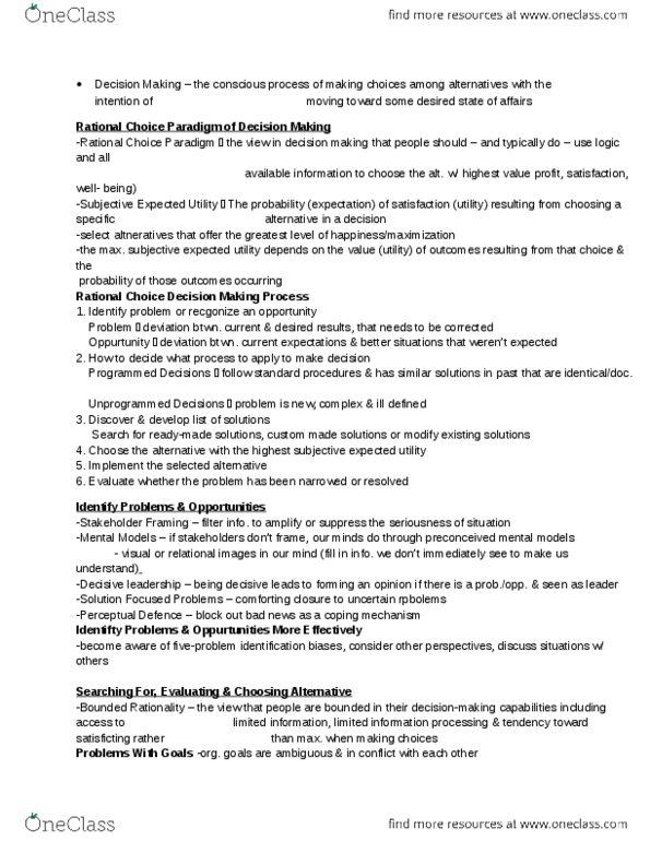 MHR 405 Chapter Notes - Chapter 7: Satisficing, Subjective Expected Utility, Bounded Rationality thumbnail