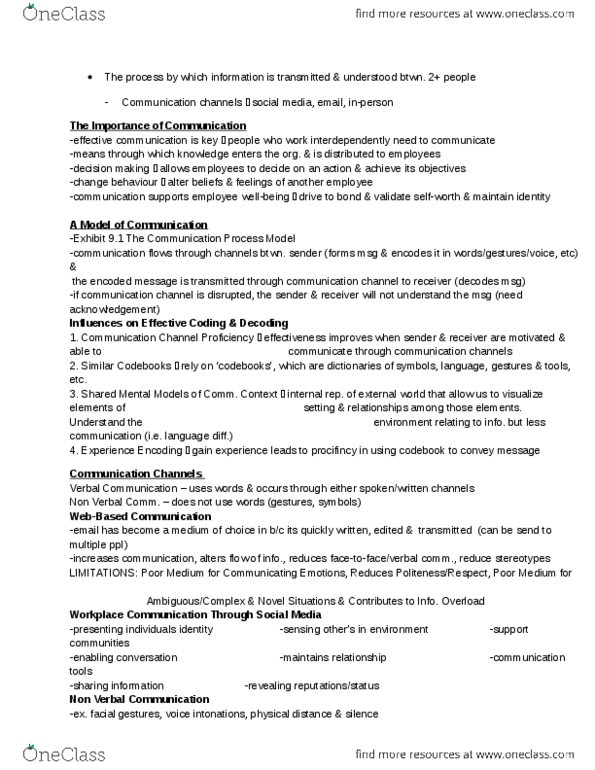 MHR 405 Chapter Notes - Chapter 9: Social Presence Theory, Interpersonal Communication, Nonverbal Communication thumbnail