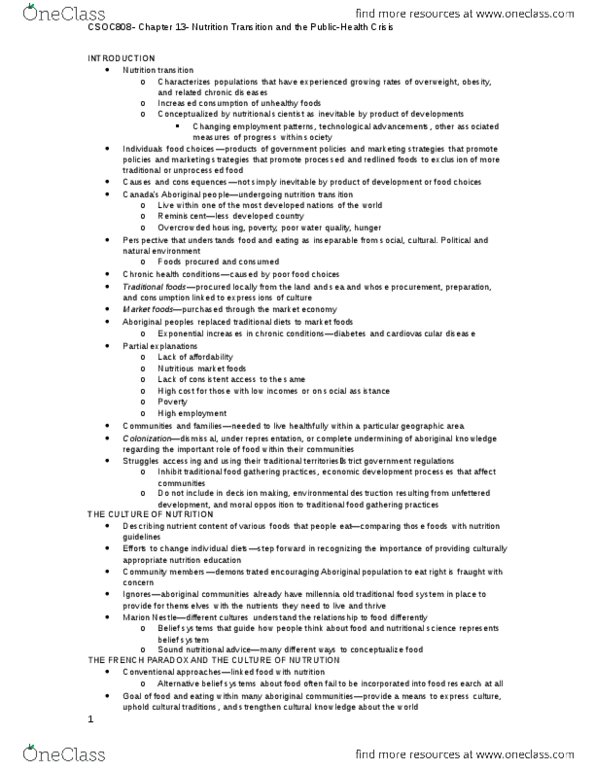 SOC 808 Chapter Notes - Chapter 13: Cardiovascular Disease, Social Stratification, Key Food thumbnail