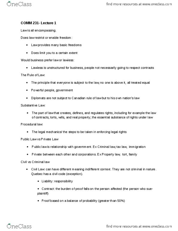 COMM231 Lecture Notes - Lecture 1: Public Law, Procedural Law, Absolute Liability thumbnail