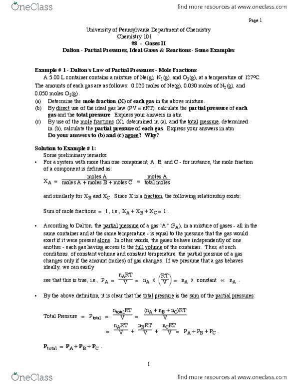 CHEM 101 Lecture Notes - Lecture 11: Partial Pressure, Ideal Gas Law, Total Pressure thumbnail