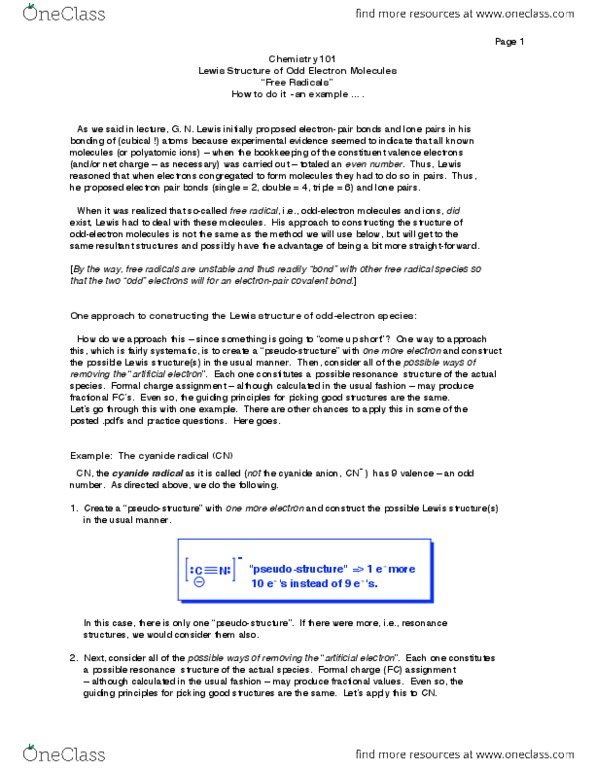 CHEM 101 Lecture Notes - Lecture 25: Cyano Radical, Lewis Structure, Covalent Bond thumbnail