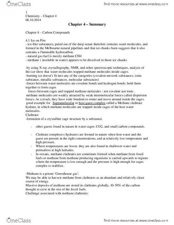 CHMA10H3 Chapter Notes - Chapter 4: Clathrate Compound, Syngas thumbnail