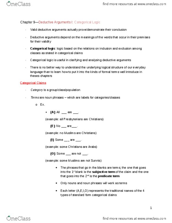 PHI 1101 Chapter Notes - Chapter 9: Venn Diagram, Categorical Logic, Deductive Reasoning thumbnail