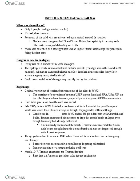 INTST101 Lecture Notes - Lecture 9: Mutual Assured Destruction, Iron Curtain, Stealth Aircraft thumbnail