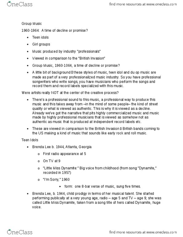 MUSIC 2II3 Lecture Notes - Lecture 7: Frankie Avalon, Lesley Gore, Chubby Checker thumbnail