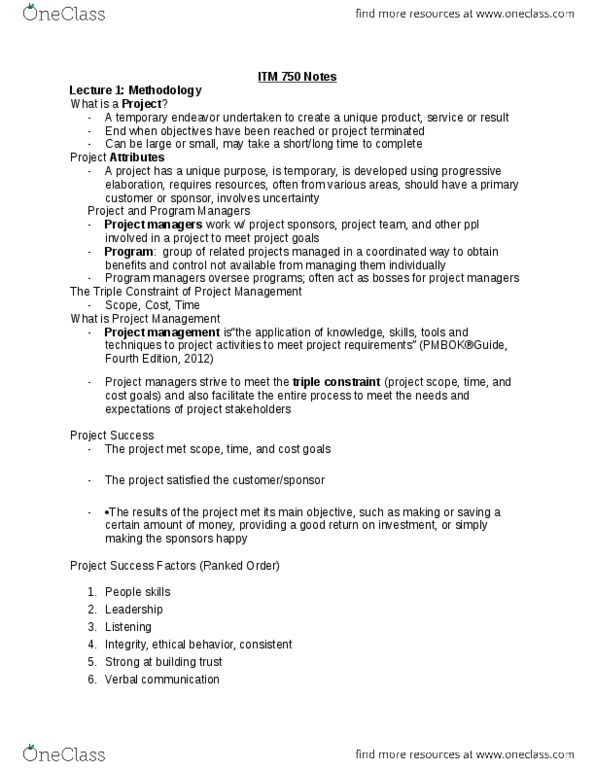 ITM 750 Lecture Notes - Lecture 1: Work Breakdown Structure, Food Security, Critical Path Method thumbnail